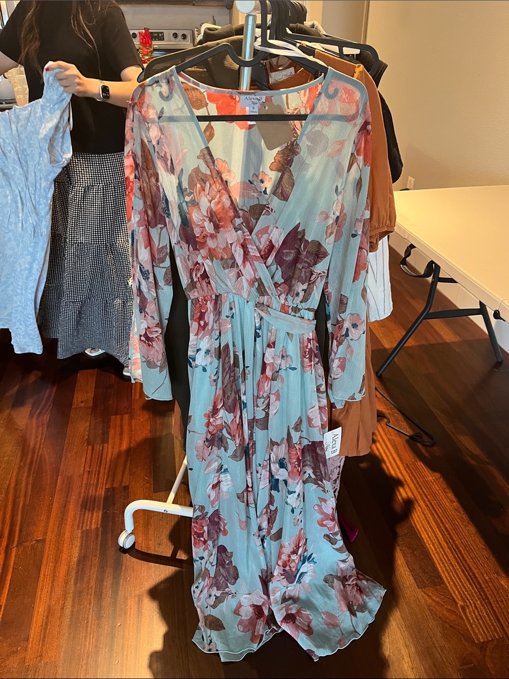 Floral Long-Sleeve Midi Dress in Sage and Rose